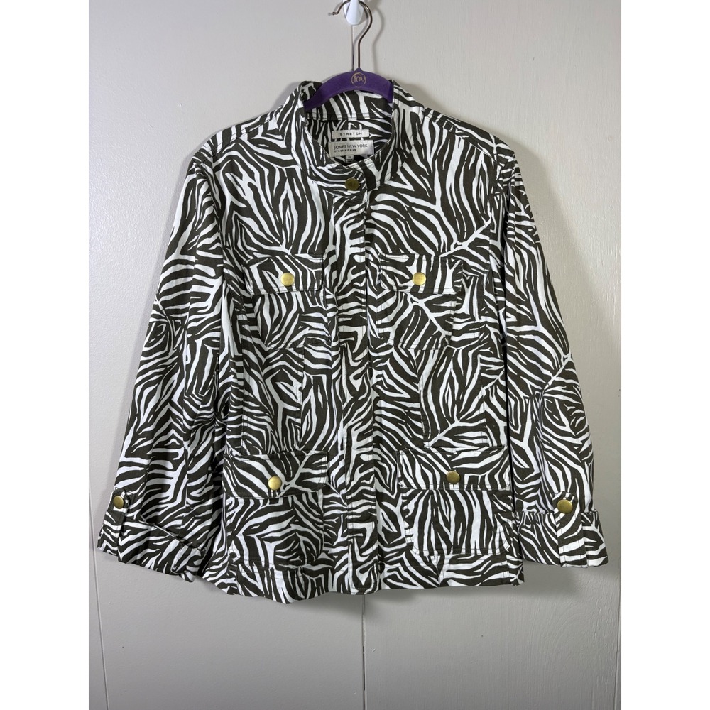 Jones New York Sport Zebra Print Utility Jacket Green 1X Mob Wife Safari Chic